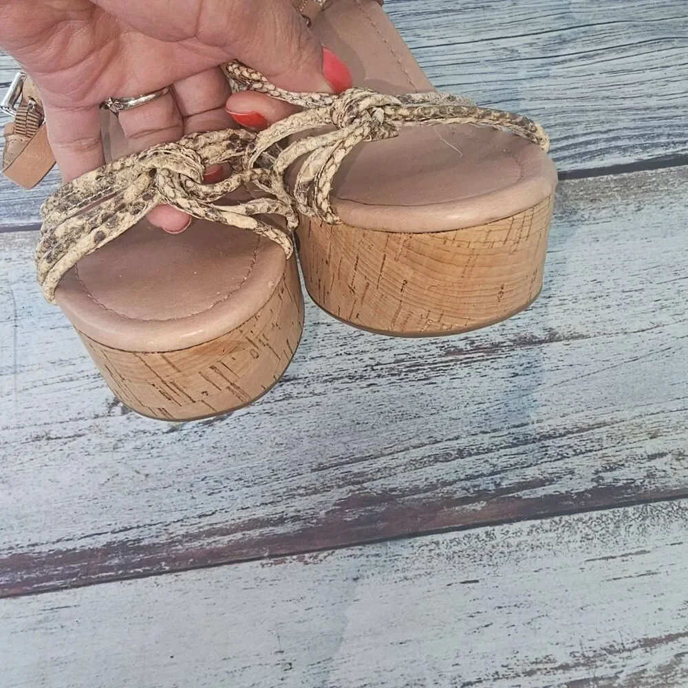 Coach Sandal Womens 9.5 Beige Tan Cork Wedge Braided Straps Open Toe Chic - Picture 2 of 13